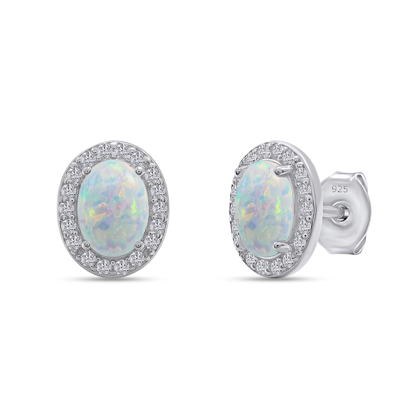 Oval Cut Simulated Opal & Round Shape White Cubic Zirconia Halo Stud Earrings In 925 Sterling Silver