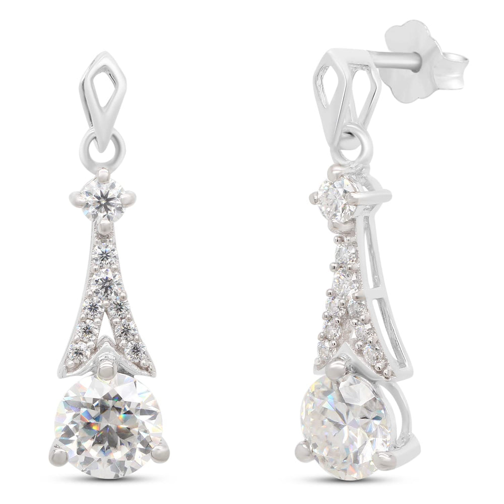 2 1/4 Carat Center 6.5MM Round Lab Created Moissanite Diamond Push Back Drop Dangle Earrings In 925 Sterling Silver (VVS1 Clarity, 2.25 Cttw)