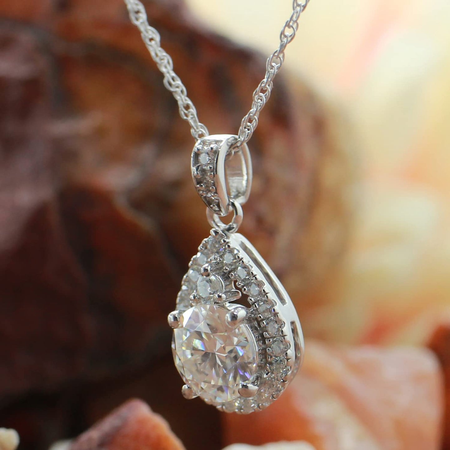 1 1/5 Carat Round Cut Lab Created Moissanite Diamond Teardrop Halo Pendant Necklace In 925 Sterling Silver (1.20 Cttw)