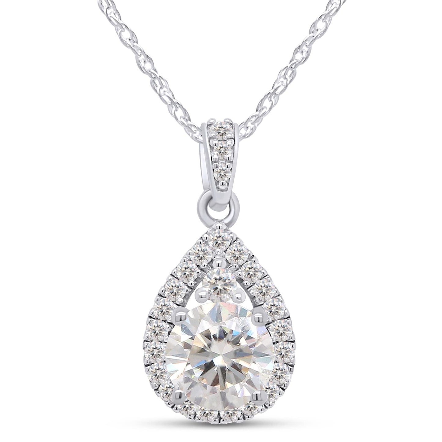 1 1/5 Carat Round Cut Lab Created Moissanite Diamond Teardrop Halo Pendant Necklace In 925 Sterling Silver (1.20 Cttw)