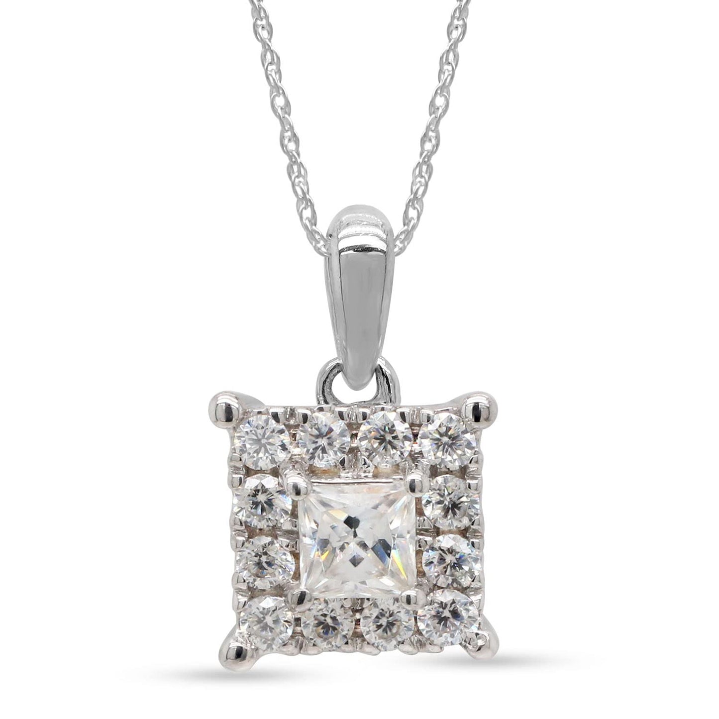 1/2 Carat Princess & Round Lab Created Moissanite Diamond Square Frame Halo Pendant Necklace in 10K or 14K Solid Gold For Women (0.50 Cttw)