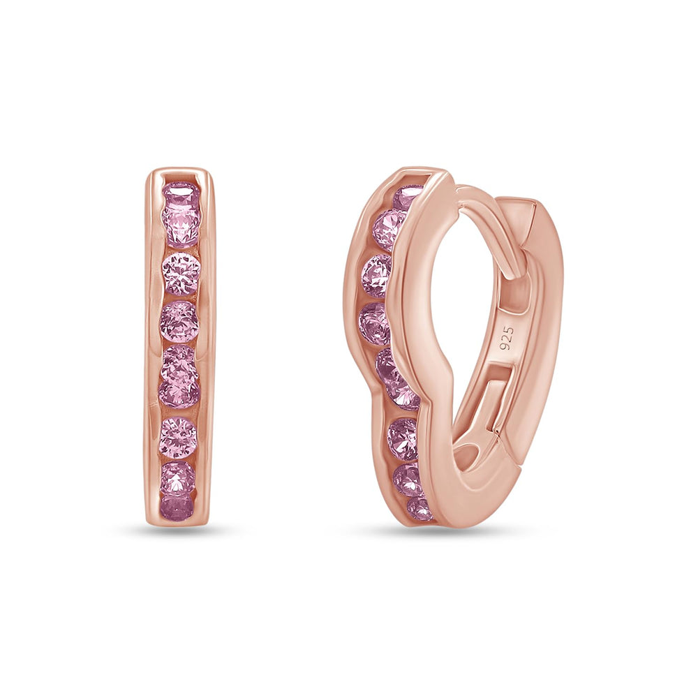 
                      
                        Round Simulated Pink Tourmaline Single Row Heart Shaped Huggie Hoop Earrings For Women In 925 Sterling Silver
                      
                    