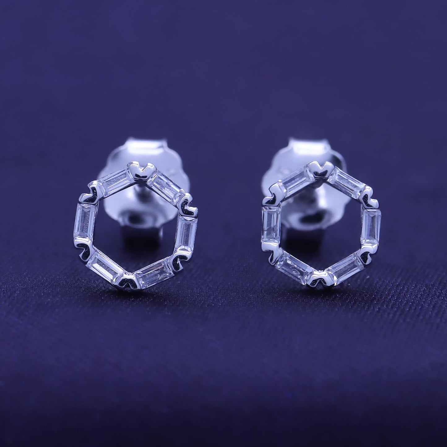 Open Hexagon Shape Stud Earrings For Women, Baguette Shape Sparkling White Cubic Zirconia Dainty Stud Earrings In 14K Gold Over Sterling Silver With Push Back