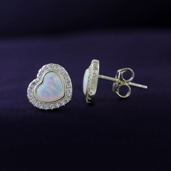 Heart Simulated Opal & Round Shape White Cubic Zirconia Halo Heart Stud Earrings In 925 Sterling Silver