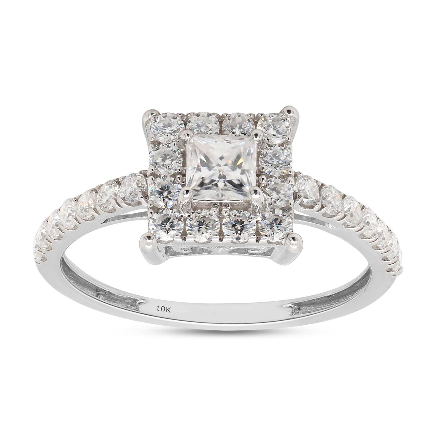 0.75 Carat Princess and Round Cut Lab Created Moissanite Diamond Square Halo Engagement Ring in 10K or 14K Solid Gold
