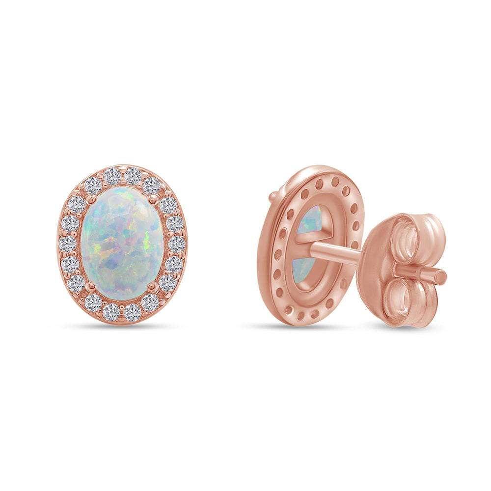 
                      
                        Oval Cut Simulated Opal & Round Shape White Cubic Zirconia Halo Stud Earrings In 925 Sterling Silver
                      
                    