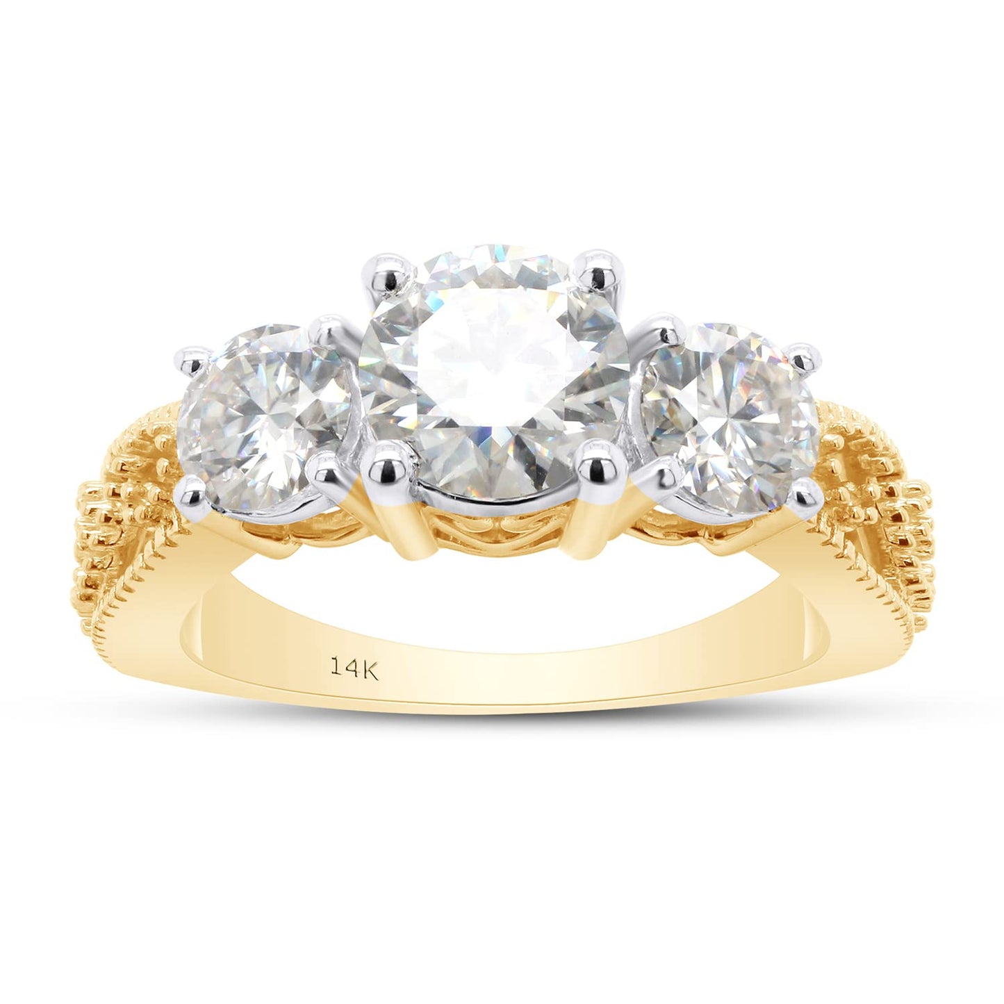 1 4/5 Carat Round Cut Lab Created Moissanite Diamond 3 Stone Bridal Engagement Ring in 10K or 14K Solid Gold (1.80 Cttw)