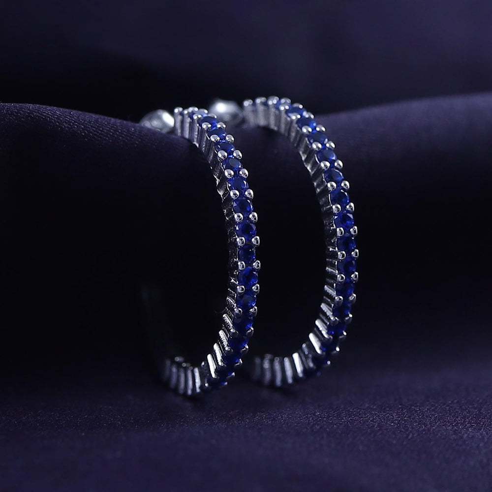 
                      
                        Round Simulated Blue Sapphire Single Row Hoop Earrings For Women In 925 Sterling Silver
                      
                    