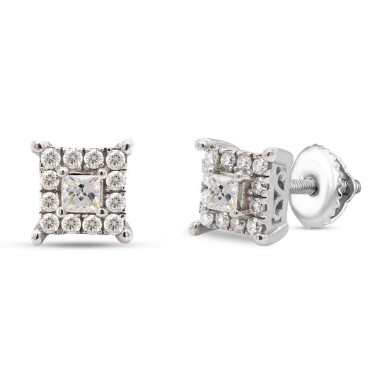 1/5 Carat Princess & Round Cut Lab Created Moissanite Diamond Screw Back Halo Studs Earrings in 10K or 14K Solid Gold For Women (0.20 Cttw)
