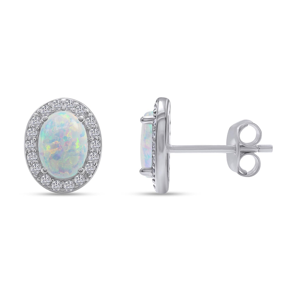 
                      
                        Oval Cut Simulated Opal & Round Shape White Cubic Zirconia Halo Stud Earrings In 925 Sterling Silver
                      
                    