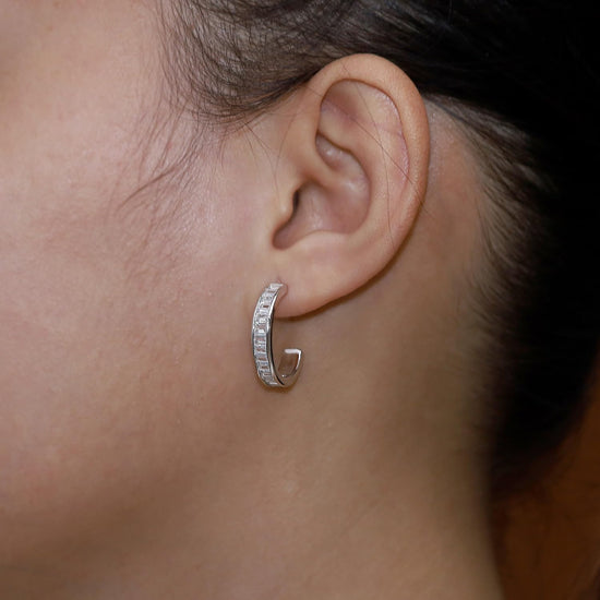 Baguette Cut White Cubic Zirconia Channel Set Hoop Earrings In 925 Sterling Silver