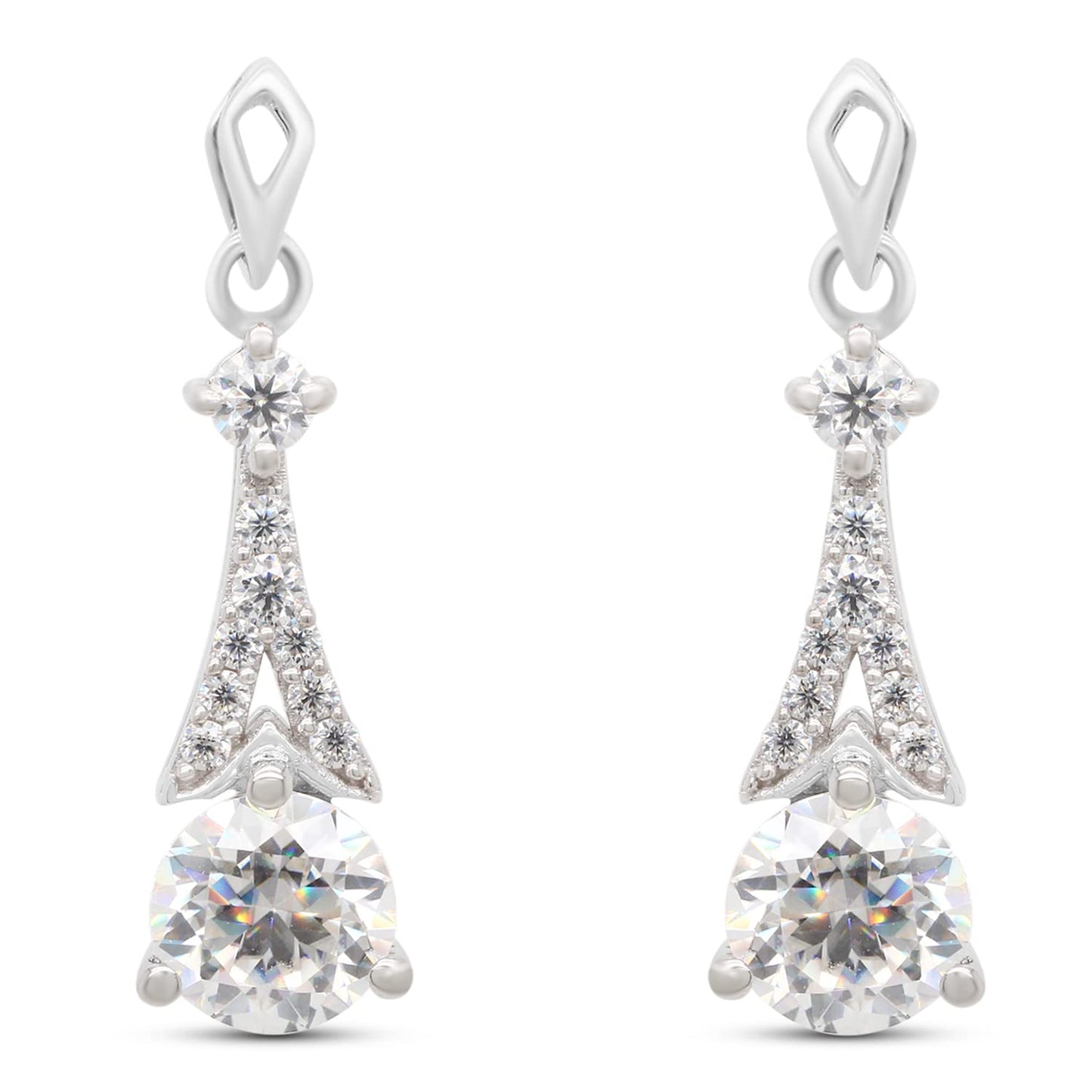 2 1/4 Carat Center 6.5MM Round Lab Created Moissanite Diamond Push Back Drop Dangle Earrings In 925 Sterling Silver (VVS1 Clarity, 2.25 Cttw)