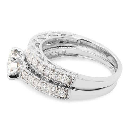 Center 6MM Round Shape Lab Created Moissanite Diamond Milgrain Wedding Bridal Set Ring In 10K Solid Gold (1.50 Cttw)
