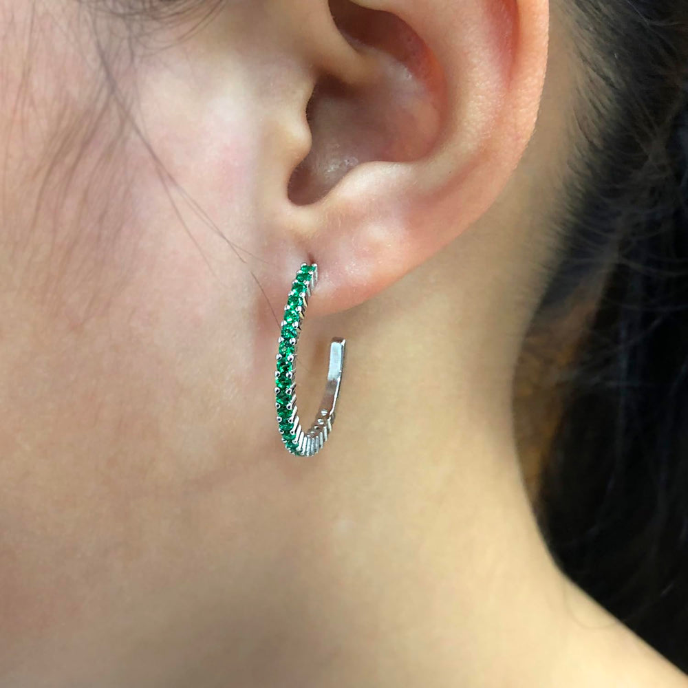 
                      
                        Round Simulated Green Emerald Single Row Hoop Earrings For Women In 925 Sterling Silver
                      
                    