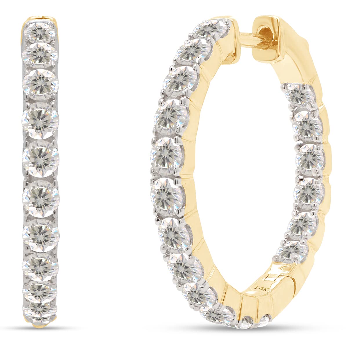 2 1/10 ct.t.w Round Cut Lab Created Moissanite Diamond Inside Outside Hoop Earrings In 10K Or 14K Solid Gold (2.10 Cttw)