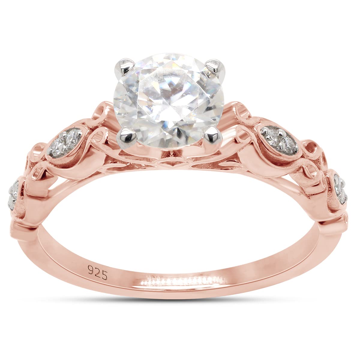 6MM Round Cut Lab Created Moissanite Diamond Solitaire Filigree Engagement Wedding Ring in 925 Sterling Silver (0.85 Cttw)