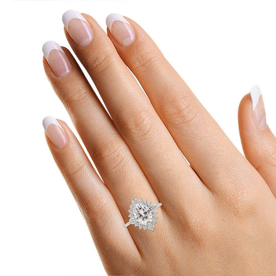 3.10 Carat Center 8X10MM Oval & Round Cut Lab Created Moissanite Diamond Floral Engagement Ring in 925 Sterling Silver
