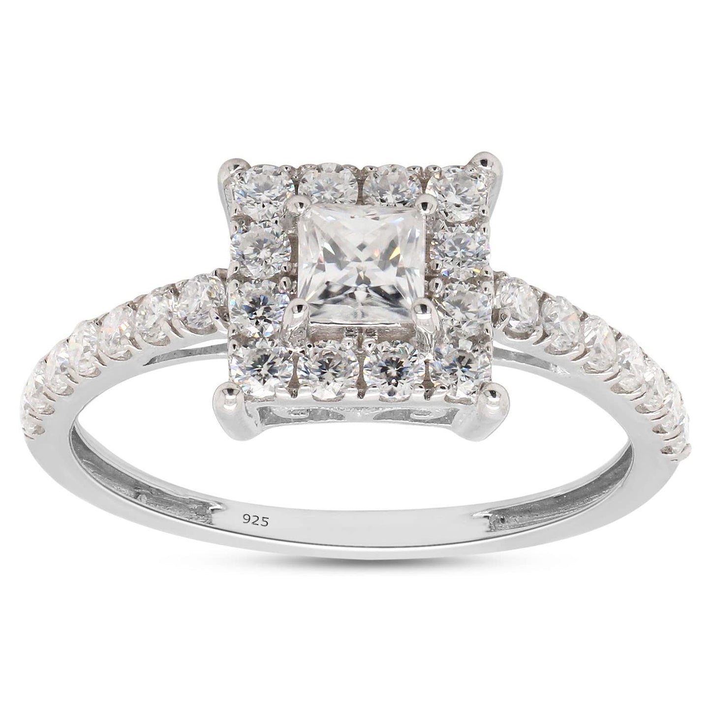 Load image into Gallery viewer, 0.75 Carat Princess and Round Cut Lab Created Moissanite Diamond Square Halo Engagement Ring in 925 Sterling Silver
