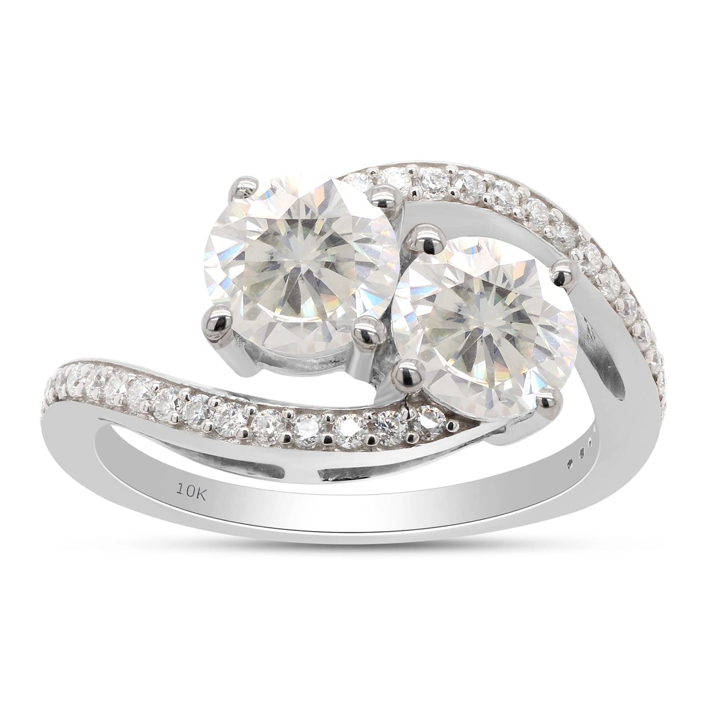 1 3/4 Carat Lab Created Moissanite Diamond Two Stone Bypass Engagement Ring in 10K or 14K Solid Gold For Women (1.75 Cttw)