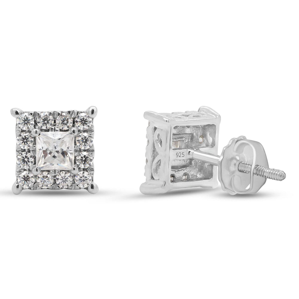 
                      
                        0.33 Carat Princess & Round Cut Lab Created Moissanite Diamond Halo Stud Earrings In 925 Sterling Silver
                      
                    