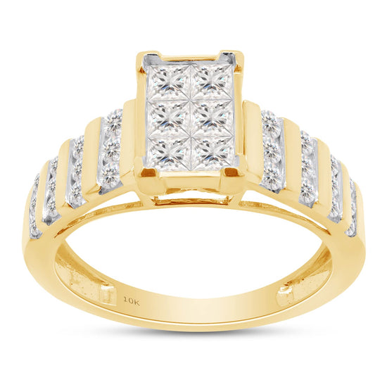 Load image into Gallery viewer, 1 Carat Princess &amp;amp; Round Cut Lab Created Moissanite Diamond Cluster Engagement Anniversary Wedding Ring in 10K or 14K Solid Gold

