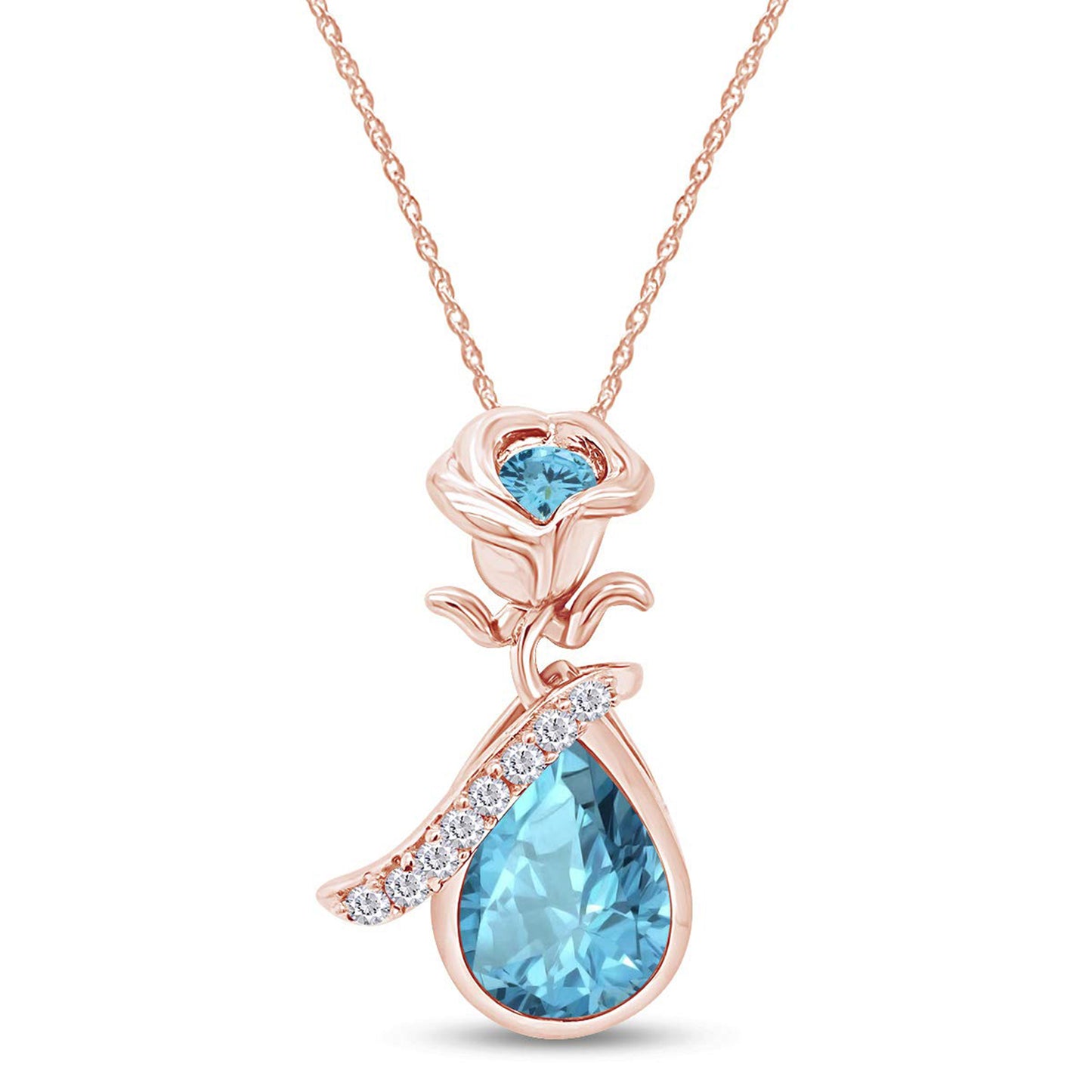 Simulated Birthstone Rose Flower Teardrop Pendant Necklace In 14K Rose Gold Over Sterling Silver Jewelry Pendant Necklace 2024 Gift For Her