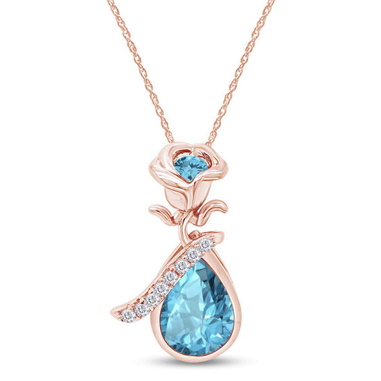 Simulated Birthstone Rose Flower Teardrop Pendant Necklace In 14K Rose Gold Over Sterling Silver Jewelry Pendant Necklace 2024 Gift For Her
