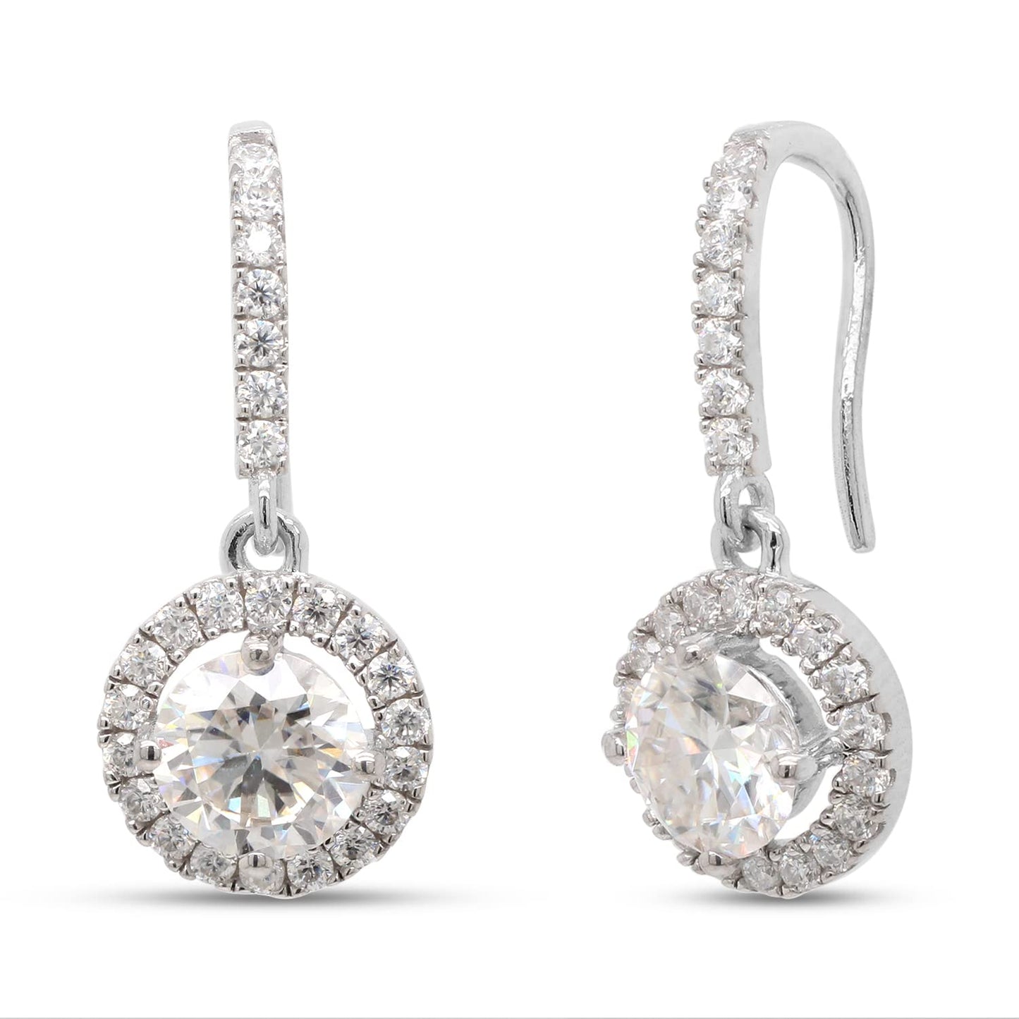 Load image into Gallery viewer, 2 Carat Round Cut Lab Created Moissanite Diamond Fishhook Halo Drop Earrings In 925 Sterling Silver (2 Cttw)
