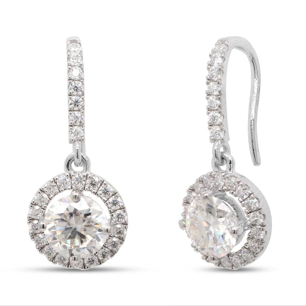 2 Carat Center 6MM Round Cut Lab Created Moissanite Diamond Halo Drop Earrings In 10K Or 14K Solid Gold For Women