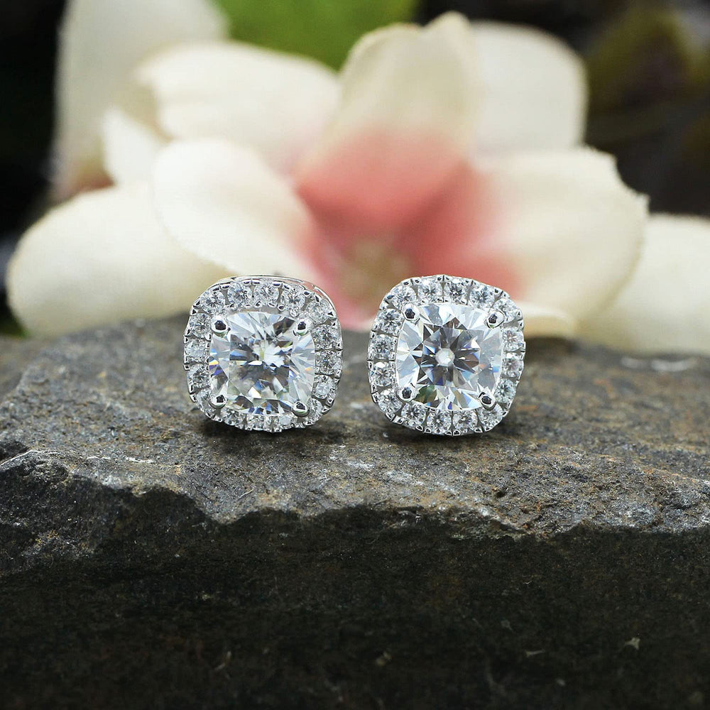 2 Carat Center Stone 6X6mm Lab Created Moissanite Diamond Push Back Halo Stud Earrings In 925 Sterling Silver (2 Cttw)