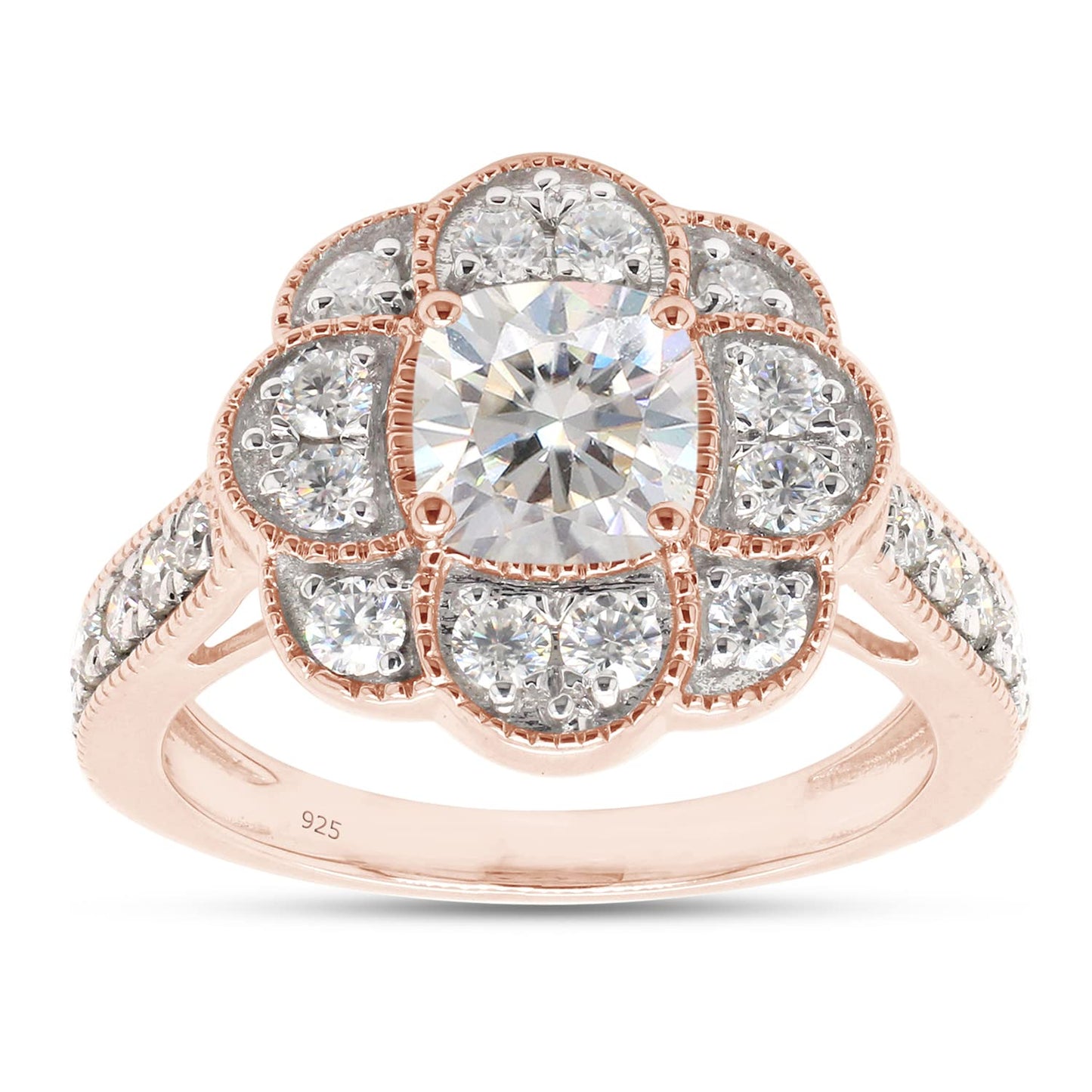 1.40 CT Center 6MM Cushion Cut Lab Created Moissanite Diamond Floral Halo Engagement Ring In 925 Sterling Silver