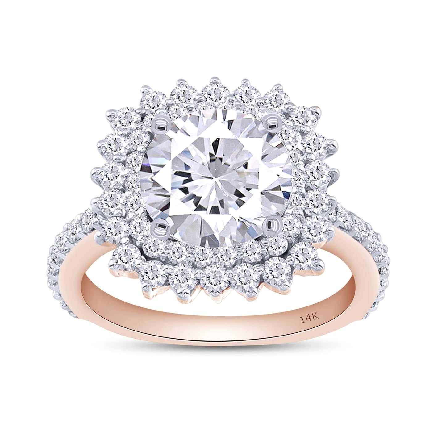 Center 3 Carat, 4 1/4 Ct Round Cut Lab Created Moissanite Diamond Halo Engagement Ring In 10K Or 14K Solid Gold (4.25 Ct)
