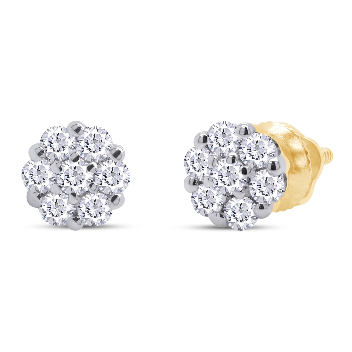 1/10 to 1/2 Carat Lab Created Moissanite Diamond Screw Back Flower Cluster Stud Earrings In 10K Solid Gold For Women (0.10 To 0.50 Cttw)