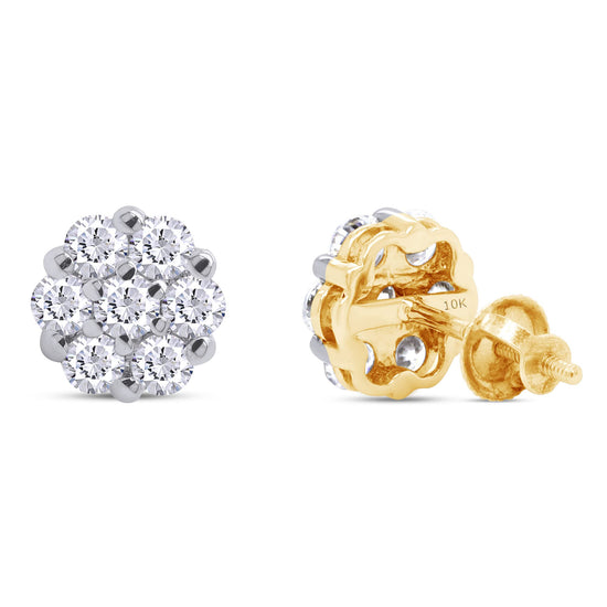 1/10 to 1/2 Carat Lab Created Moissanite Diamond Screw Back Flower Cluster Stud Earrings In 10K Solid Gold For Women (0.10 To 0.50 Cttw)