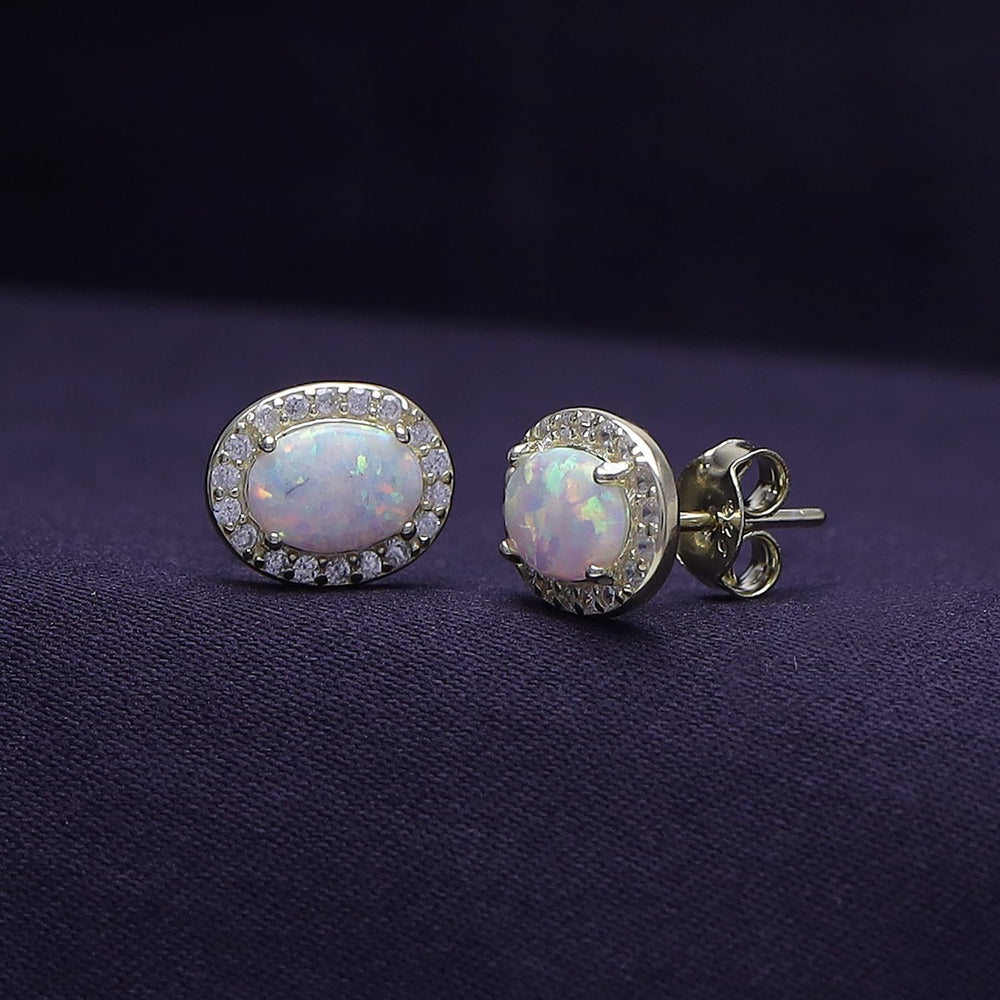 
                      
                        Oval Cut Simulated Opal & Round Shape White Cubic Zirconia Halo Stud Earrings In 925 Sterling Silver
                      
                    