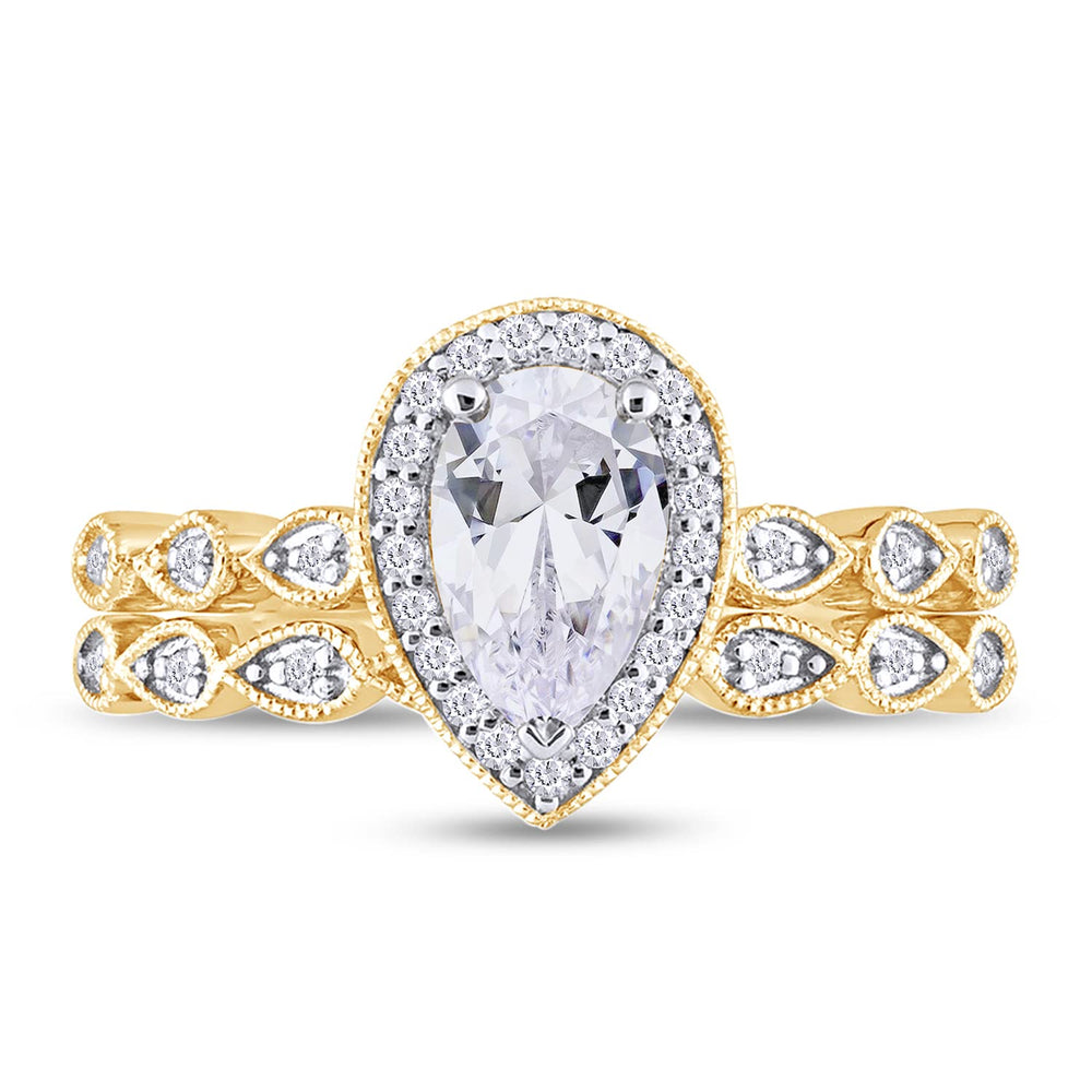 
                      
                        1.16 Carat Pear & Round Cut Lab Created Moissanite Diamond Milgrain Halo Bridal Ring Set In 925 Sterling Silver
                      
                    