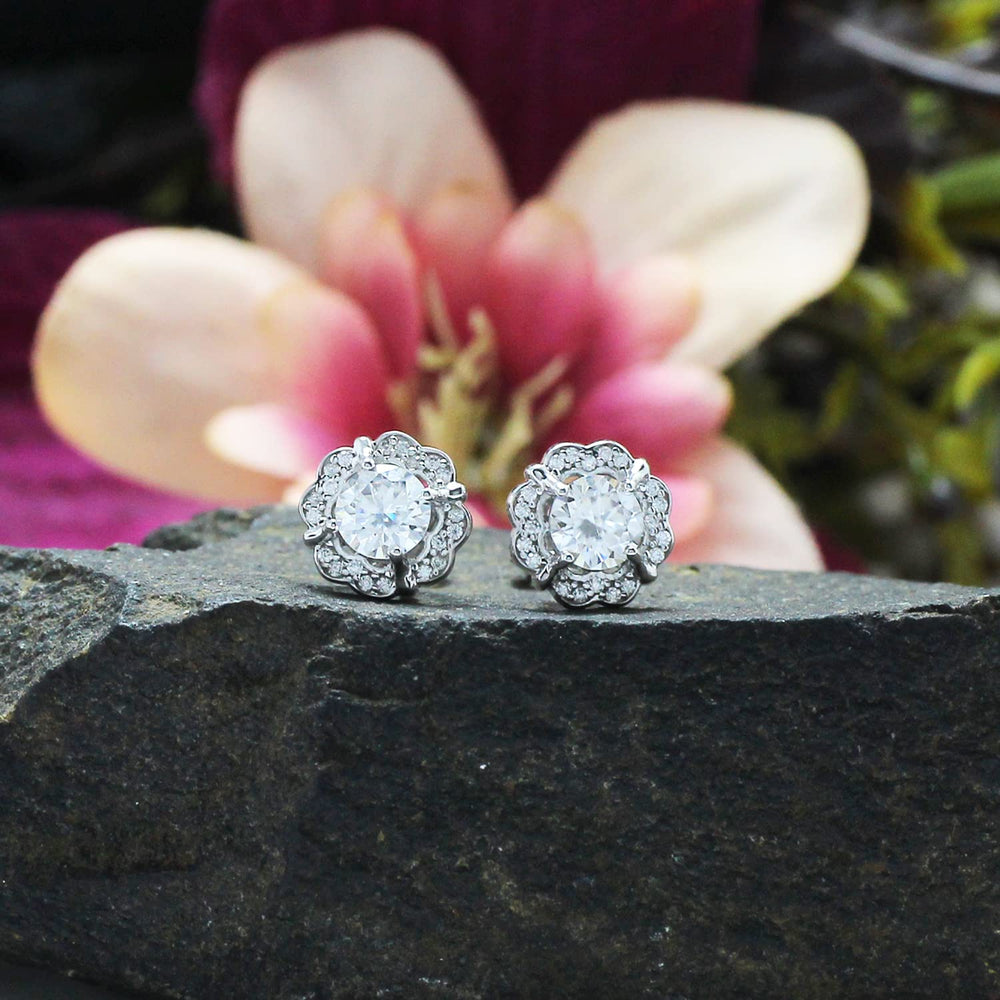 1 Carat Round Cut Lab Created Moissanite Diamond Floral Halo Stud Earrings In 925 Sterling Silver Jewelry