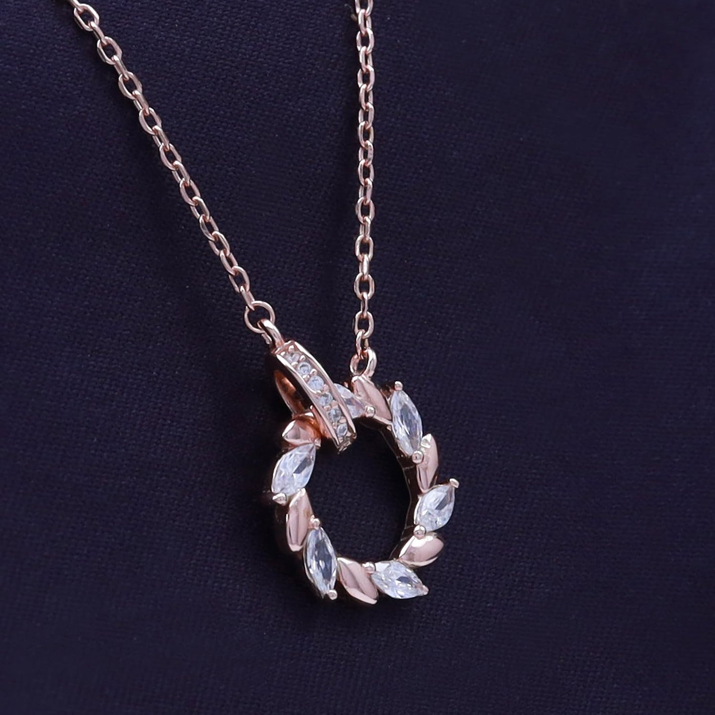 Marquise White Cubic Zirconia Circle Leaf Pendant Necklace For Women In 925 Sterling Silver