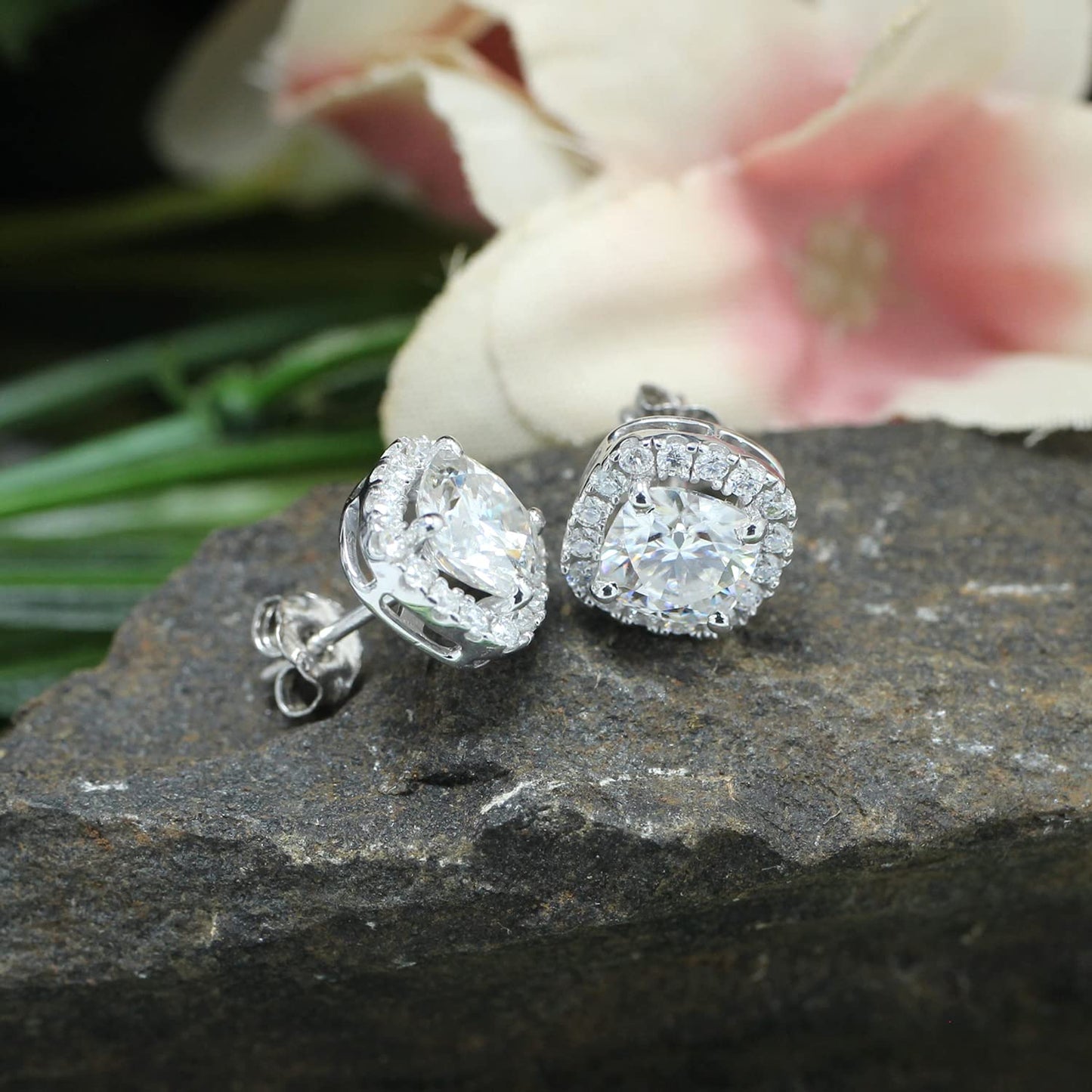 2 Carat Center Stone 6X6mm Lab Created Moissanite Diamond Push Back Halo Stud Earrings In 925 Sterling Silver (2 Cttw)