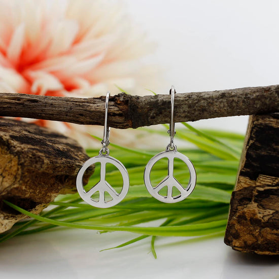 Glossy Peace Sign Lever Back Dangle Earrings for Women in 925 Sterling Silver