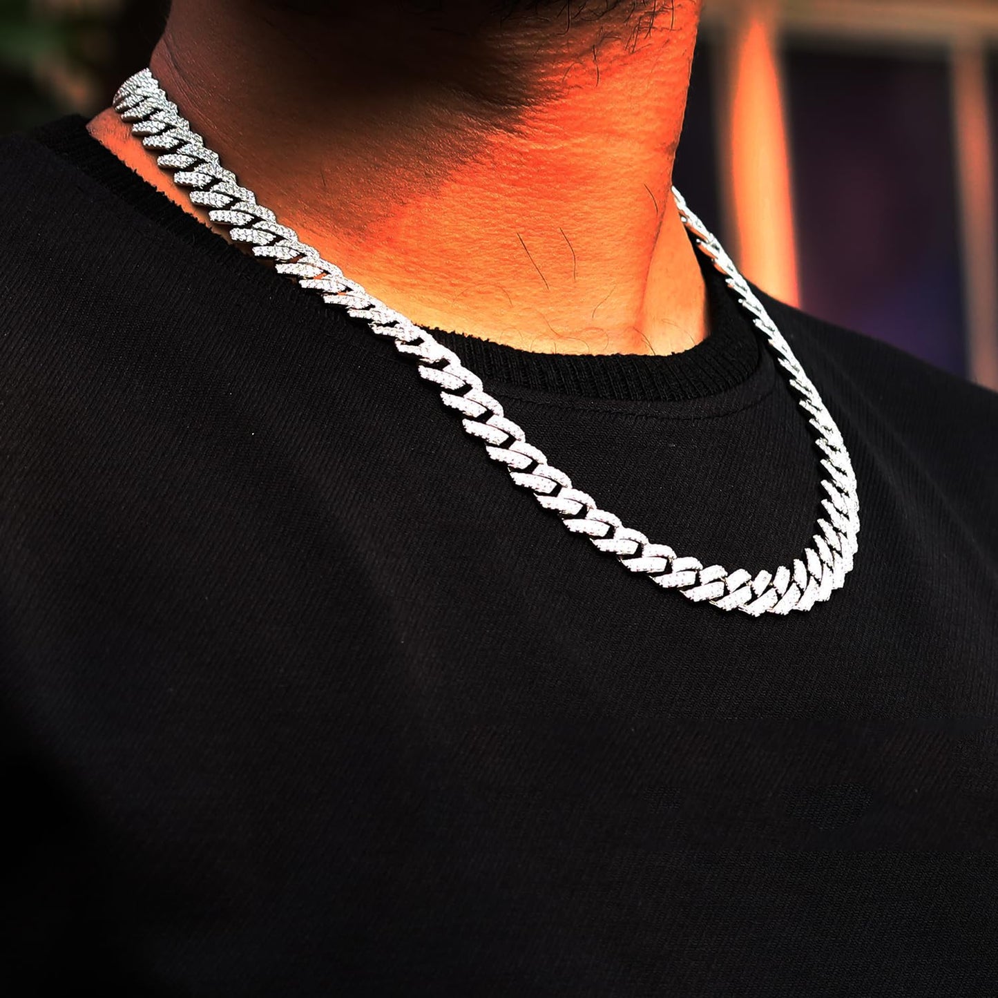 15.25 Ct to 28.25 Ct Lab Created Moissanite Diamond 12MM Width Cuban Link Chain Necklace In 14k Gold Over Sterling Silver 16" to 30" Length, Valentine's Day Gift For Him