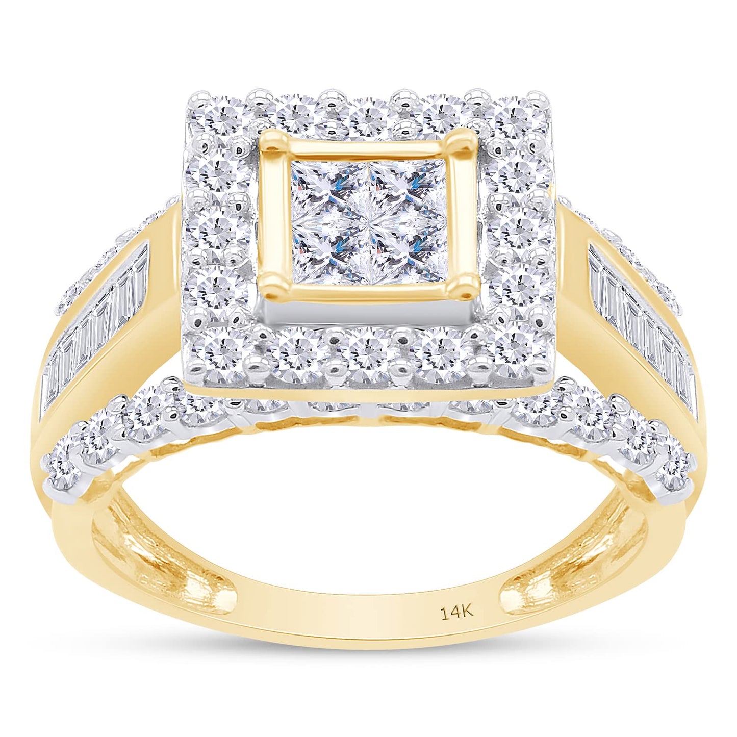 2 1/10 ct. t.w Multi Cut Lab Created Moissanite Diamond Square Frame Cluster Engagement Bridal Ring for Women in 10K or 14K Solid Gold (2.10 Cttw)