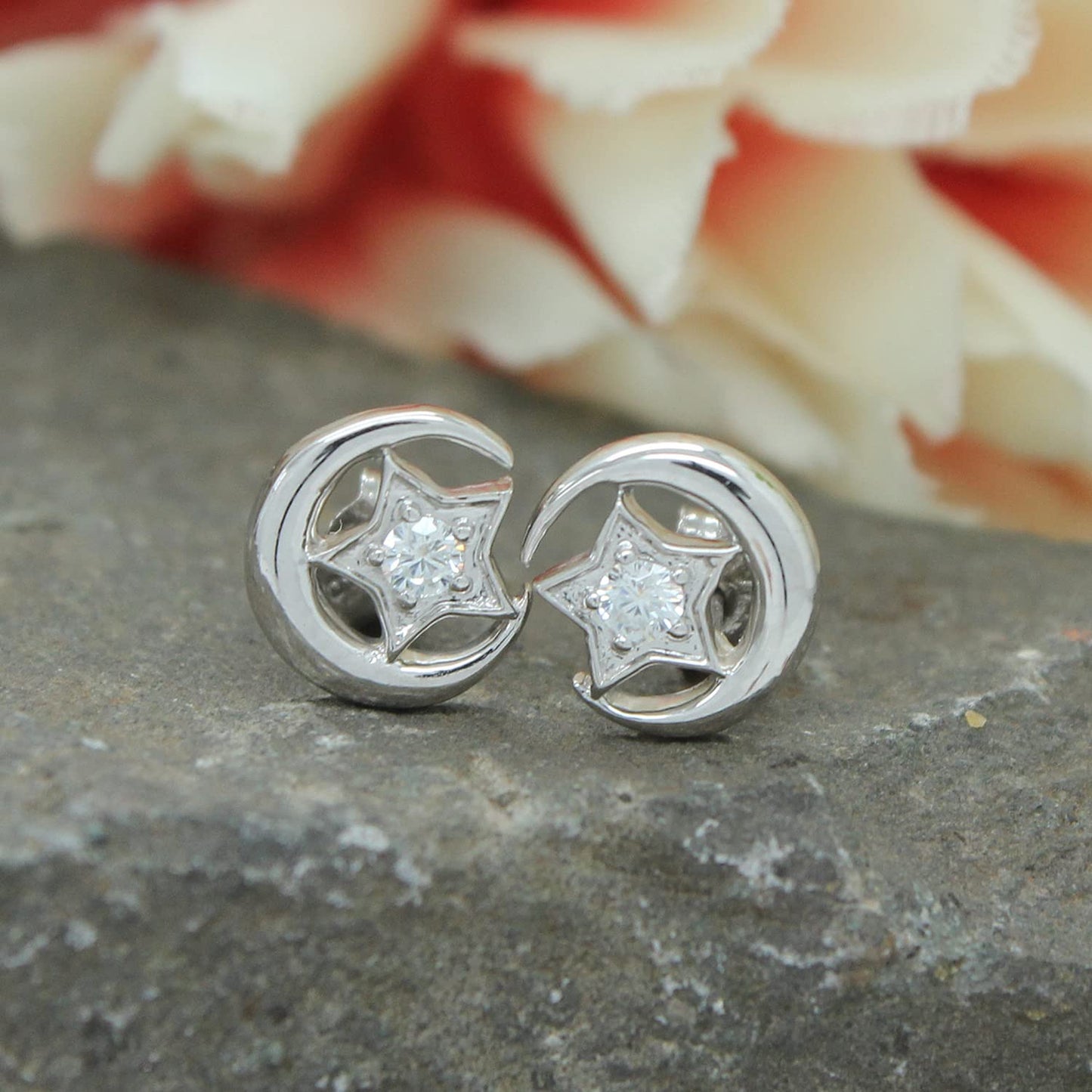 1/10 Carat Lab Created Moissanite Diamond Push Back Star Moon Stud Earrings In 925 Sterling Silver (3.25 Cttw)