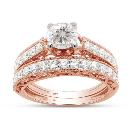 Center 6MM Round Shape Lab Created Moissanite Diamond Milgrain Wedding Bridal Set Ring In 10K Solid Gold (1.50 Cttw)