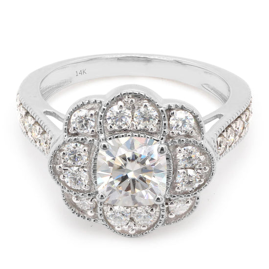 1 2/5 ct.t.w Center 6MM Cushion Cut Lab Created Moissanite Diamond Floral Halo Engagement Ring in 10K Or 14K Solid Gold (1.40 Cttw)