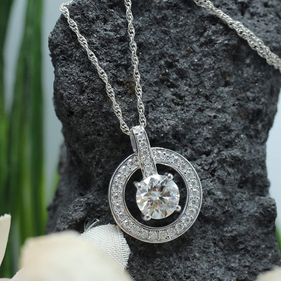 1 1/4 Carat Lab Created Moissanite Diamond Center Stone 6.5MM Circle Drop Pendant Necklace In 925 Sterling Silver (1.25 Cttw)