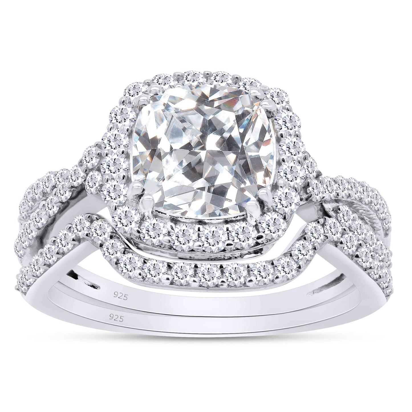 Center 7.5MM Cushion & Round Cut Lab Created Moissanite Diamond Halo Bridal Set In 925 Sterling Silver (2.60 Cttw)