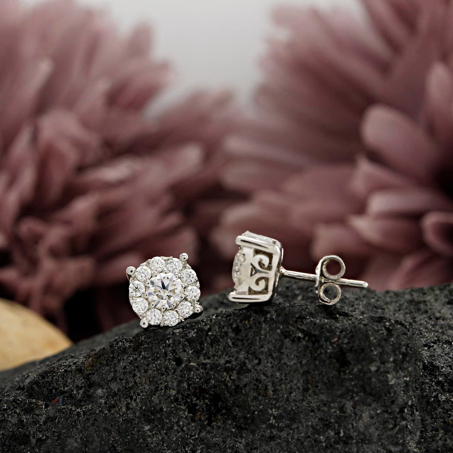 Load image into Gallery viewer, Round Cut Lab Created Moissanite Diamond Push Back Halo Stud Earrings In 925 Sterling Silver (1 To 2 Cttw)

