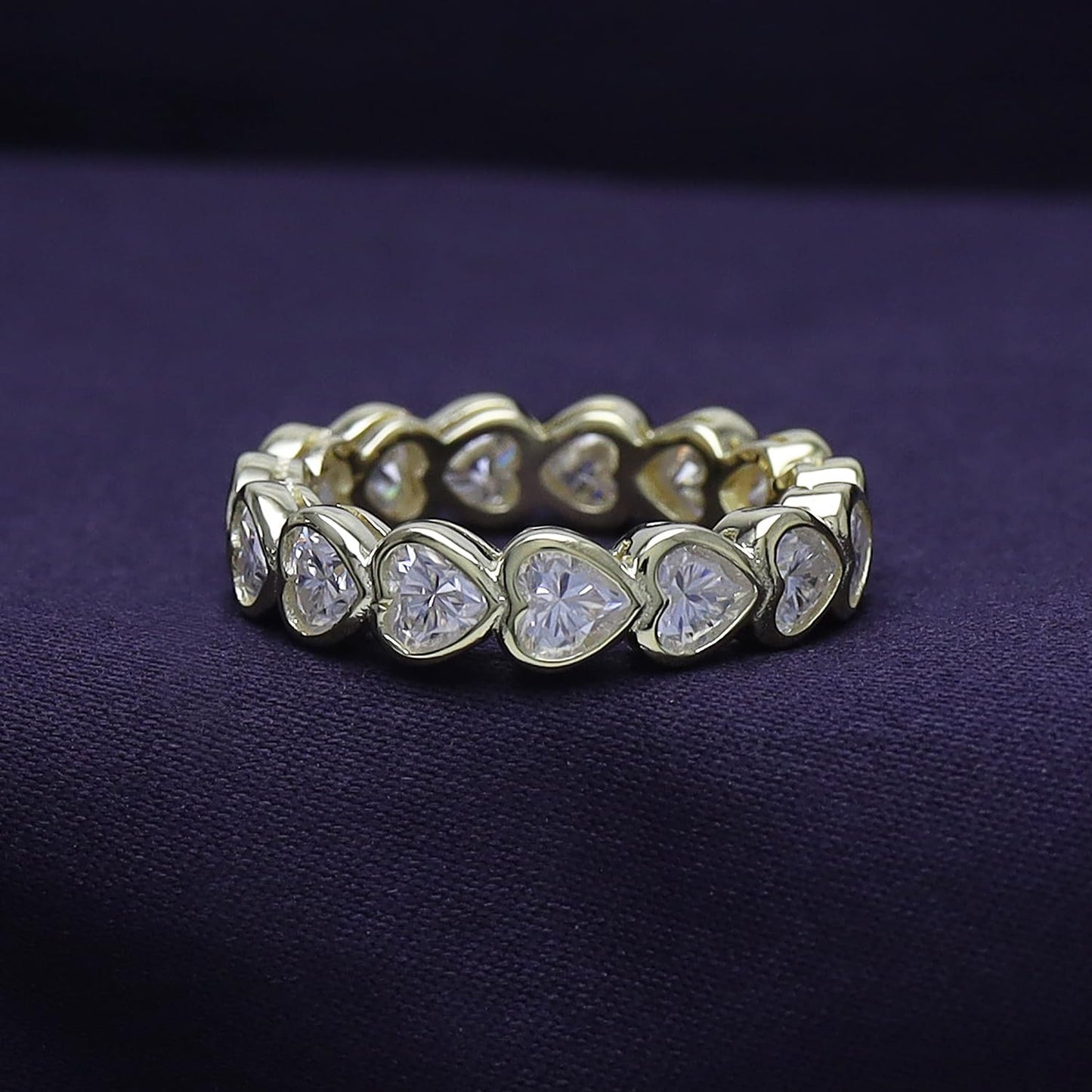 4X4MM Heart Cut Lab Created Moissanite Diamond Full Eternity Heart Promise Stackable Bezel Set Wedding Band Ring For Women In 925 Sterling Silver