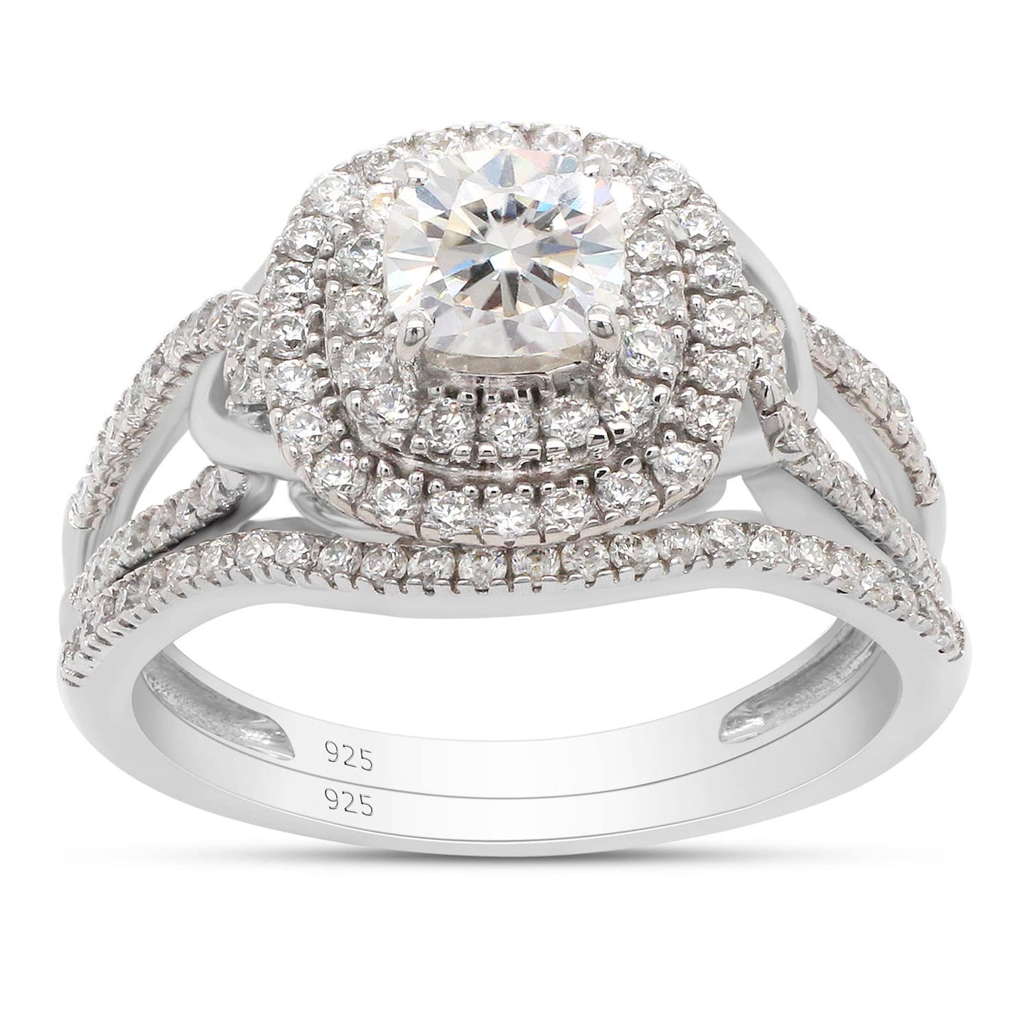 5MM Cushion & Round Cut Lab Created Moissanite Diamond Double Halo Split Shank Bridal Set Ring In 925 Sterling Silver